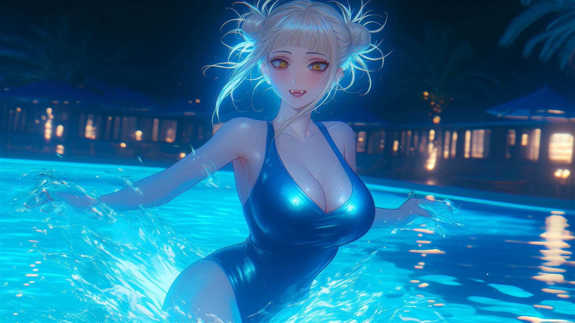 Himiko Toga jumping out of a swimming pool under moonlight