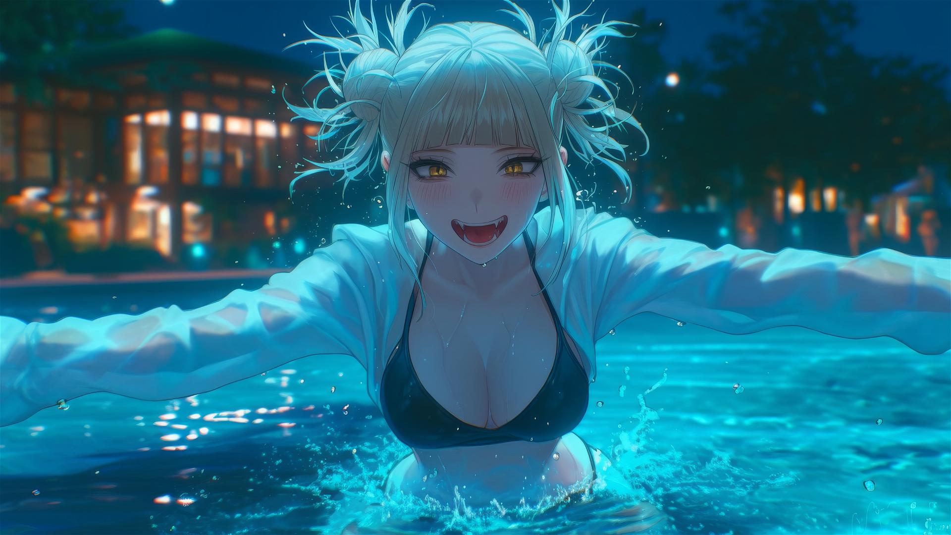 Himiko Toga from My Hero Academia, jumping out of a swimming pool under moonlight.
