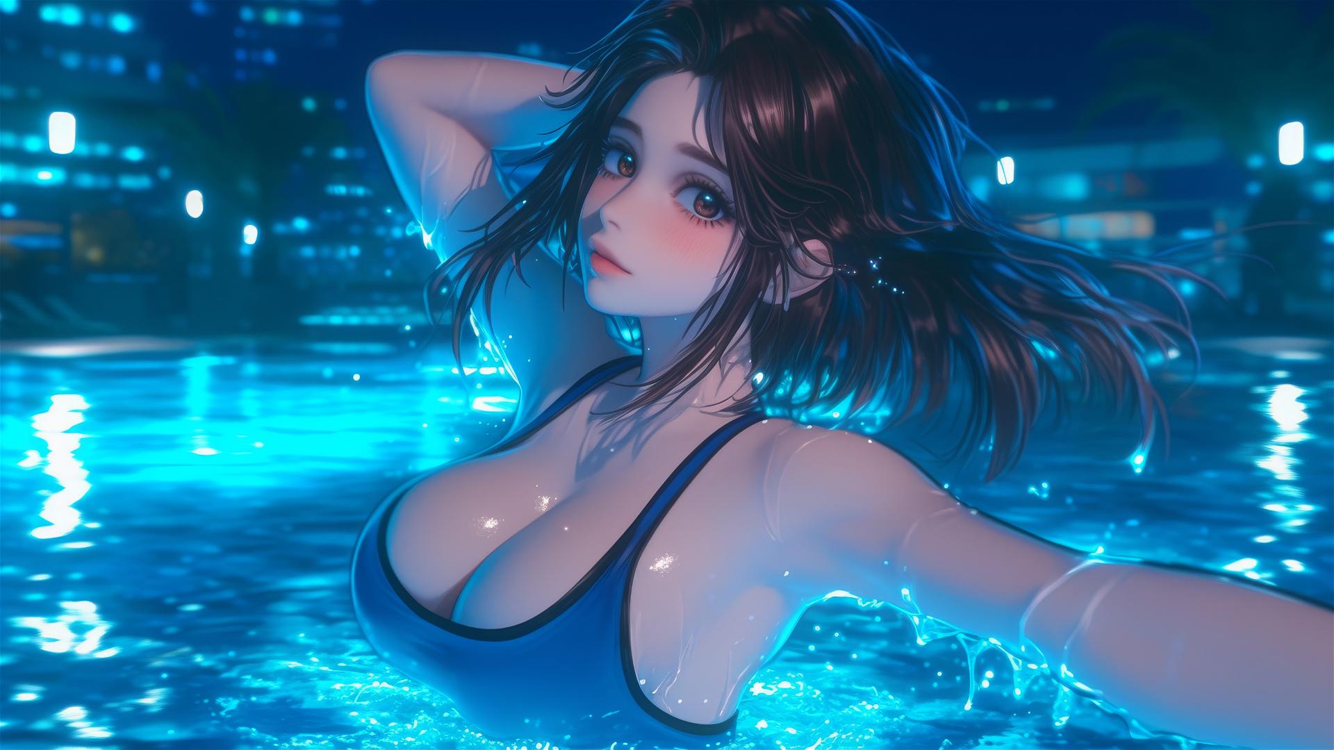 Ochaco Uraraka in moonlit pool, auburn hair, pink blush