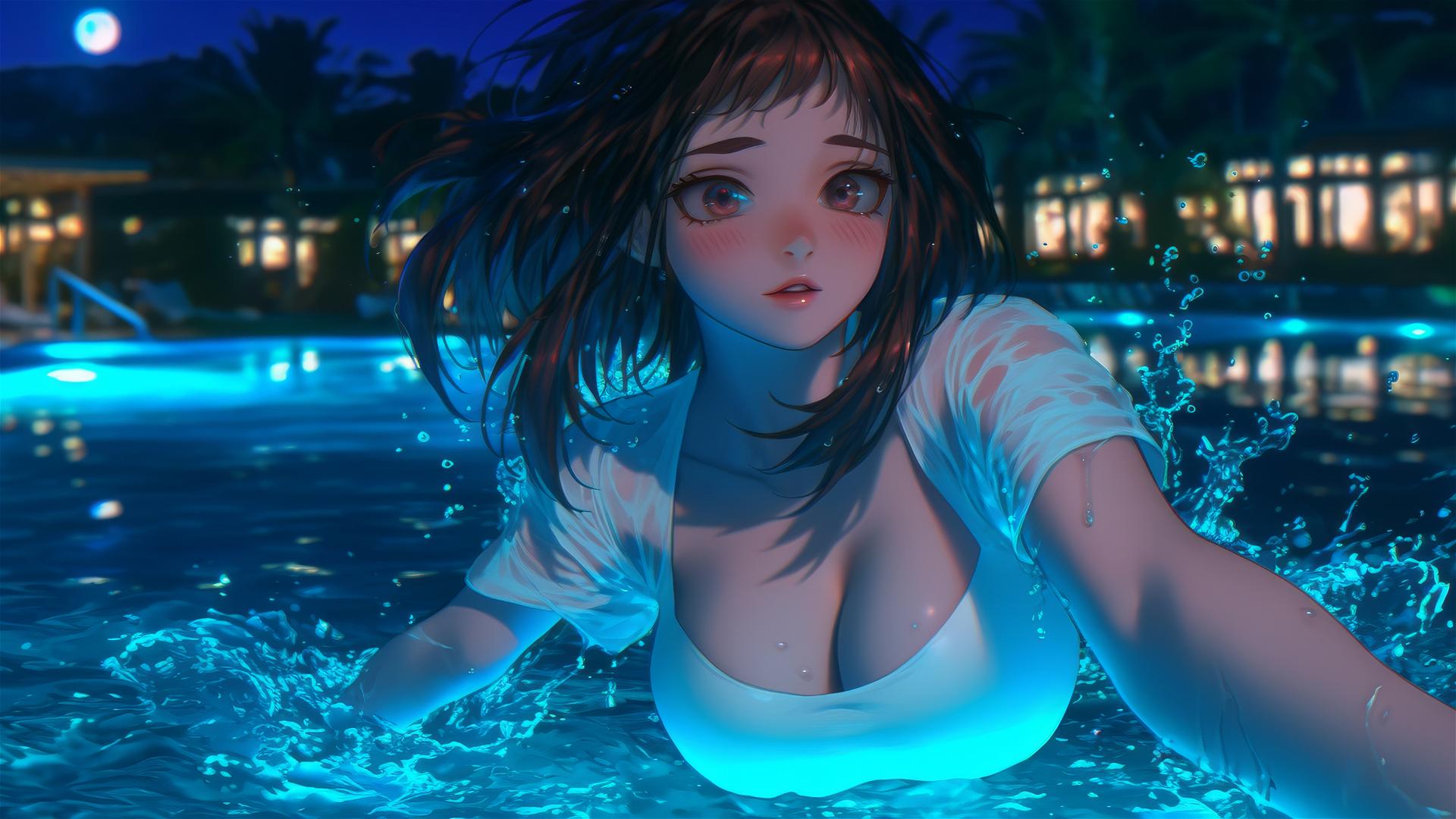 Ochaco Uraraka from My Hero Academia jumps out of a swimming pool at night under moonlight.