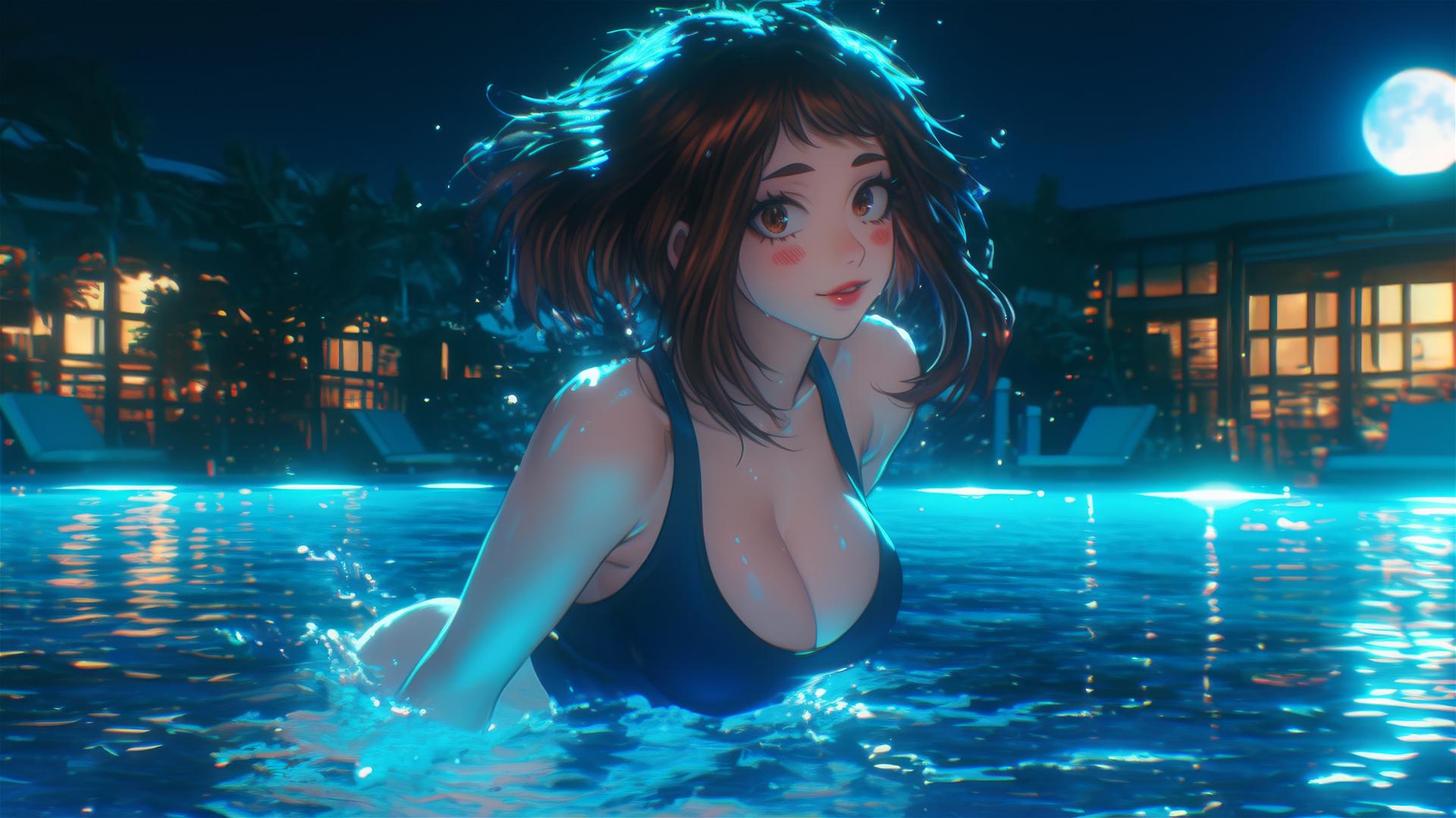 Ochaco Uraraka from My Hero Academia jumping out of a swimming pool under moonlight