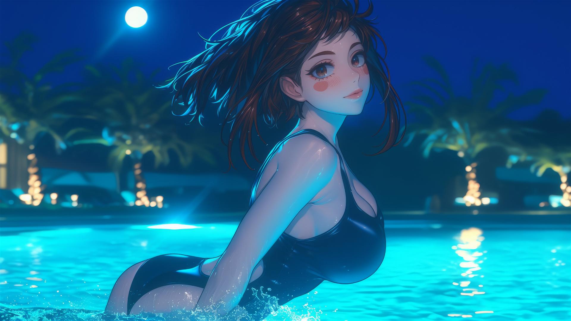 Ochaco Uraraka jumping out of a swimming pool under moonlight, with auburn hair and eyes, and a pink blush.