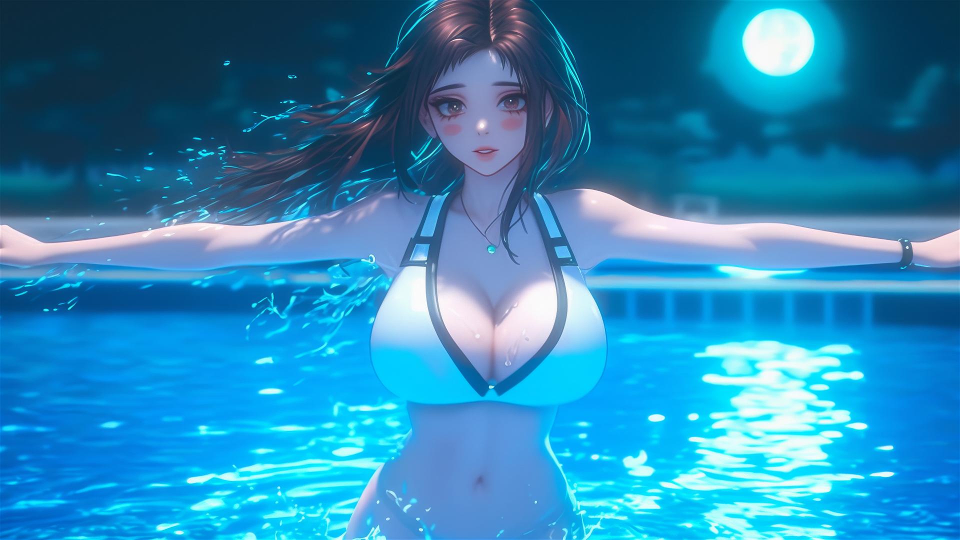 Ochaco Uraraka from My Hero Academia jumping out of a swimming pool under moonlight
