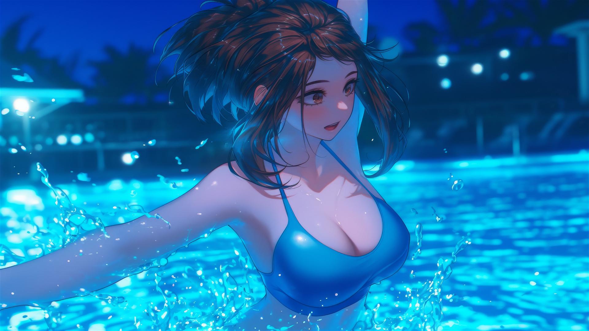 Ochaco Uraraka jumping from a pool under moonlight, with auburn hair and eyes