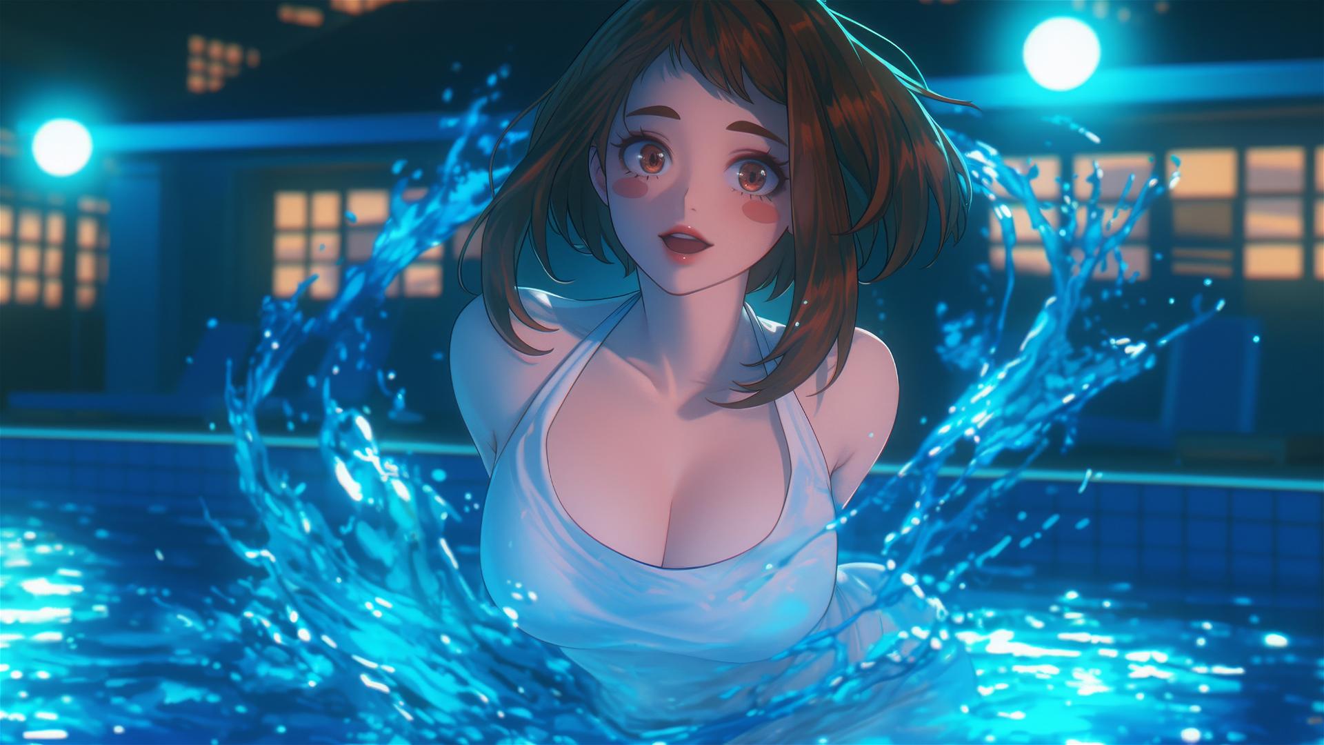 Ochaco Uraraka from My Hero Academia jumping out of a swimming pool under moonlight.