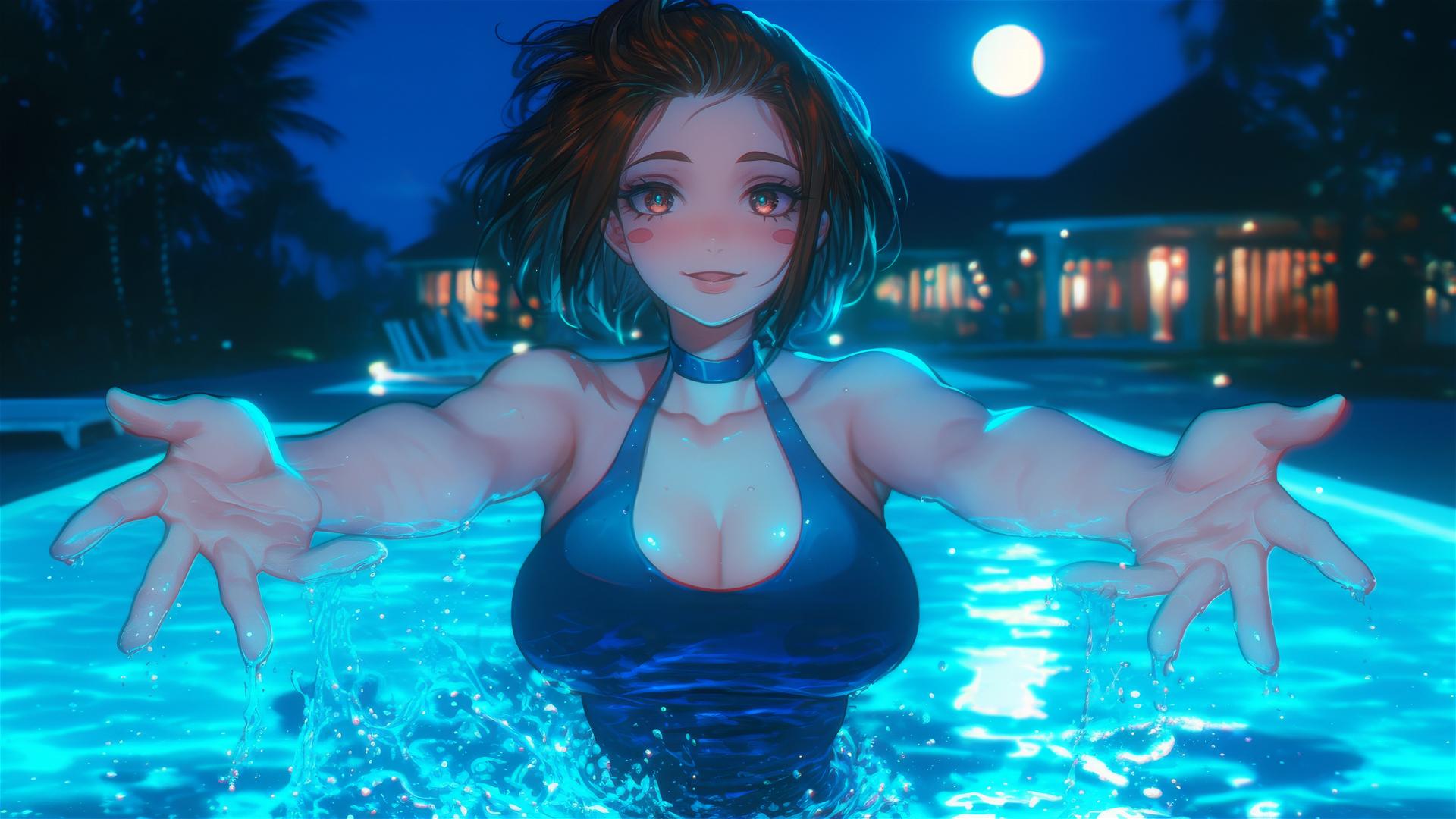 Ochaco Uraraka leaping from a pool under moonlight
