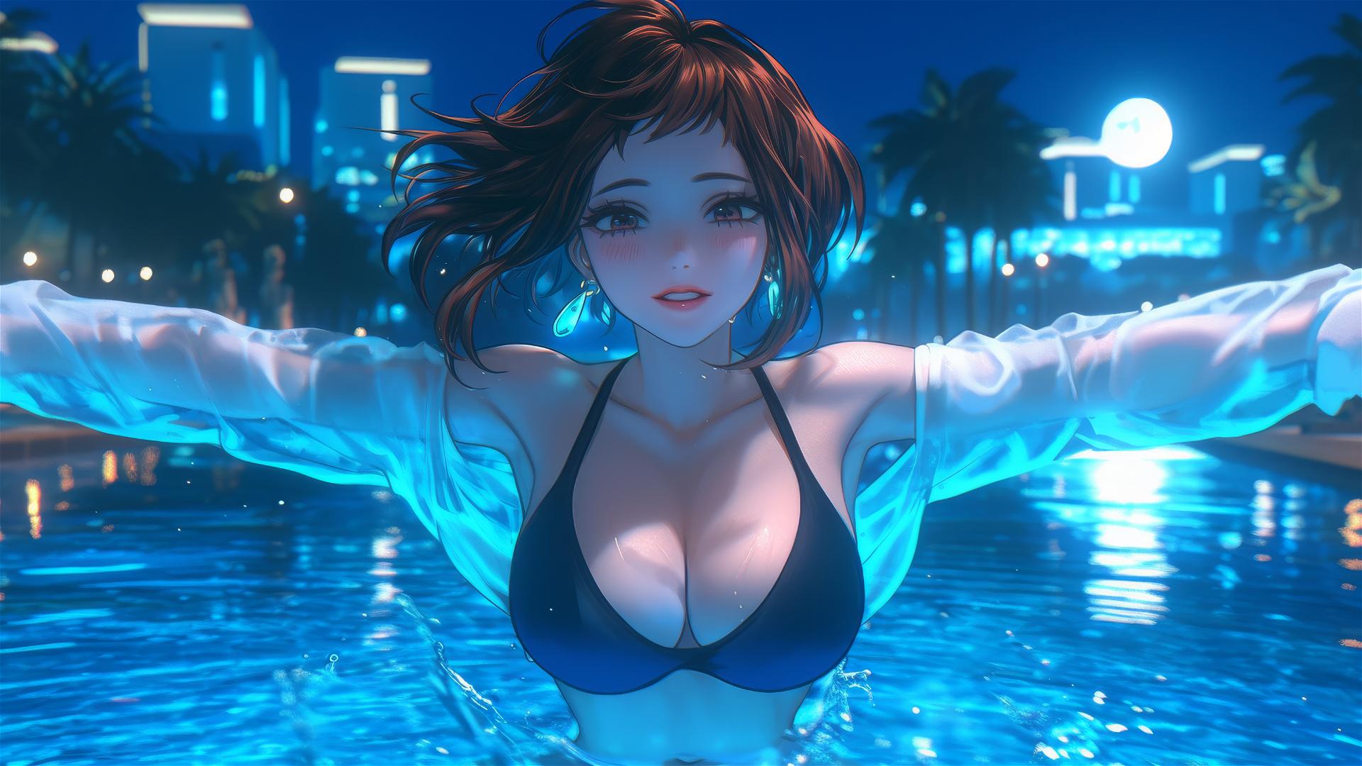 Ochaco Uraraka from My Hero Academia jumping out of a swimming pool under moonlight