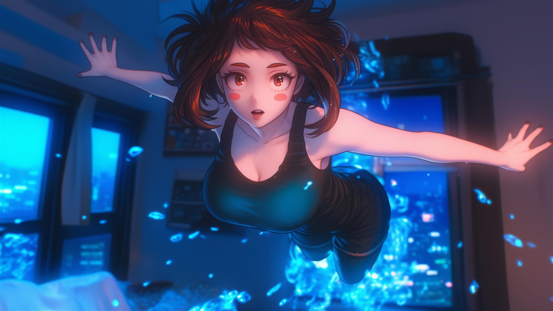 Ochaco Uraraka jumping out of a tub with warm light casting a soft glow.