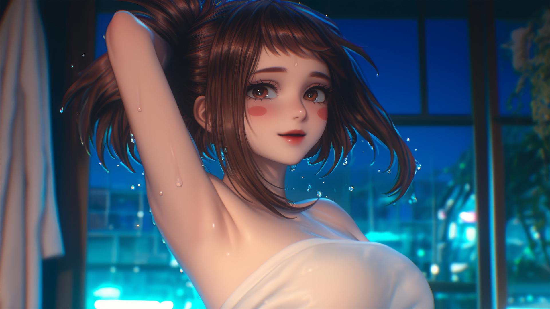 Ochaco Uraraka jumping out of a tub, warm light casting a soft glow