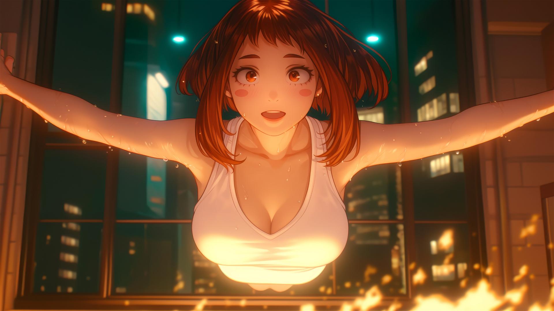 Ochaco Uraraka jumping out of a tub with warm glowing light