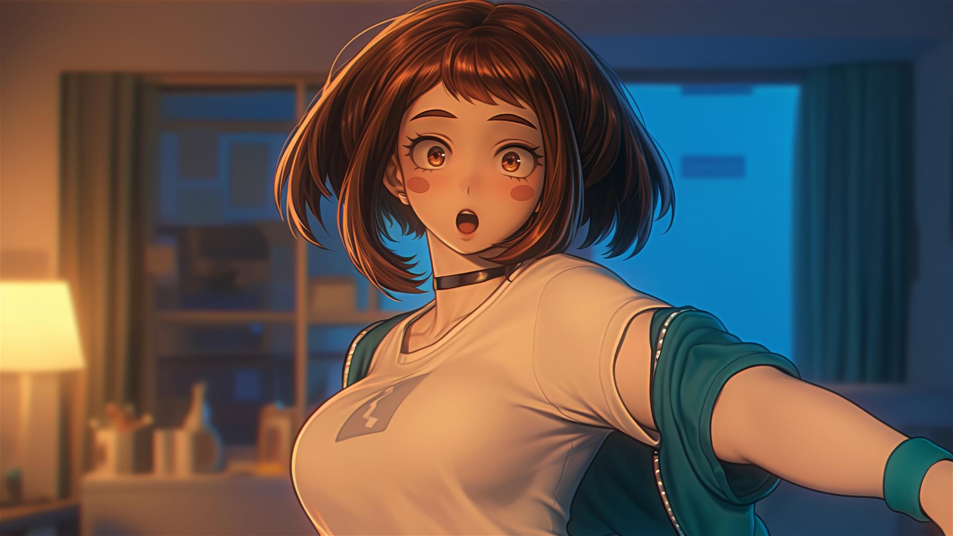 Ochaco Uraraka jumping out of a tub, glowing in warm light