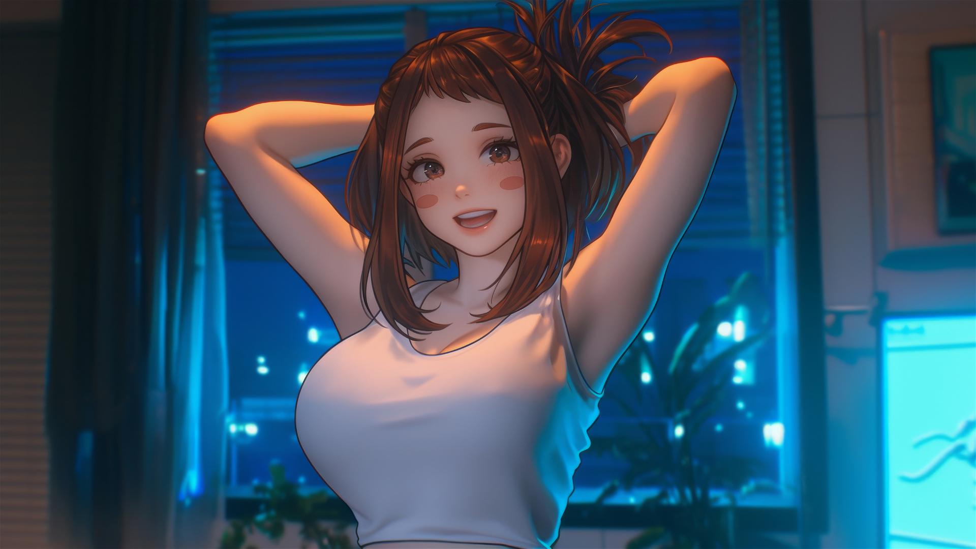 Ochaco Uraraka from My Hero Academia jumping out of a tub with warm light cast on her.