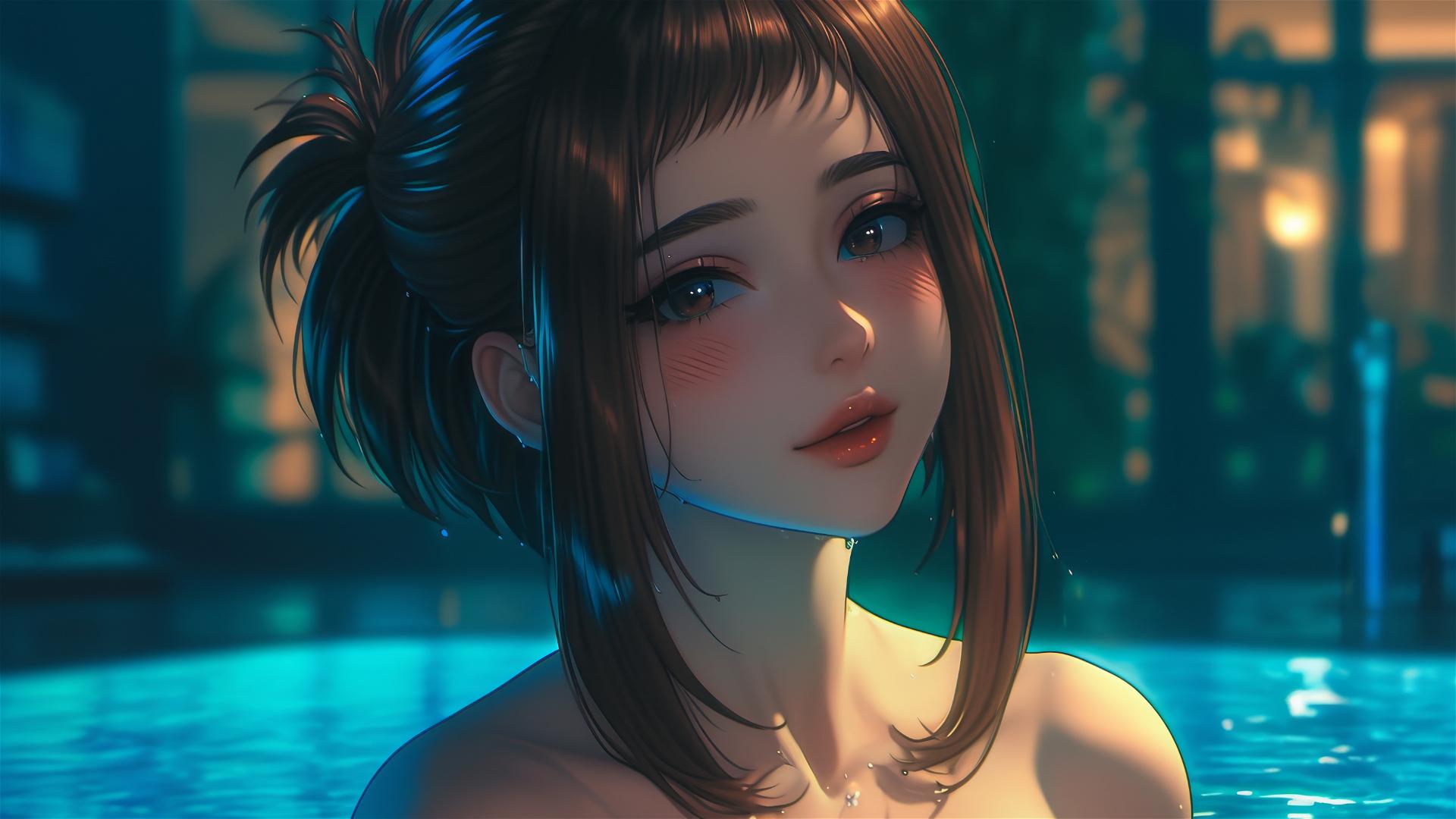 Ochaco Uraraka from My Hero Academia in a tub with soft warm light