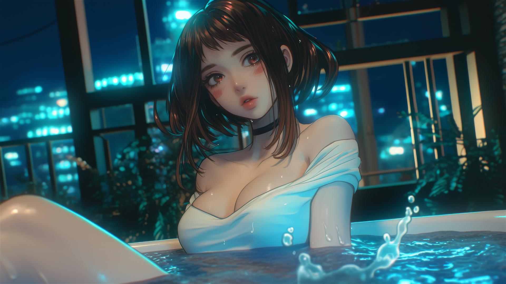 Ochaco Uraraka in a tub, warm light illuminating her auburn hair and pink cheeks
