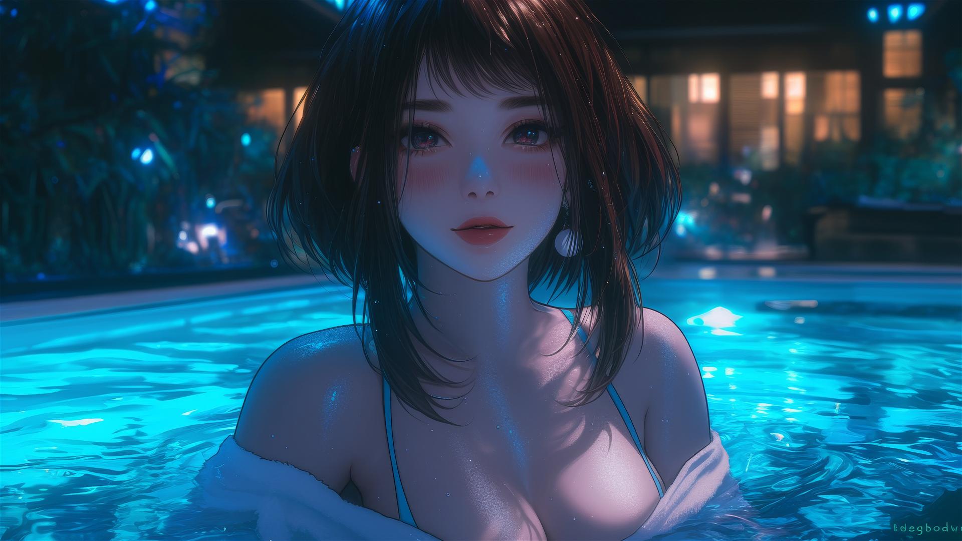 Ochaco Uraraka playing in tub, auburn hair, soft glow