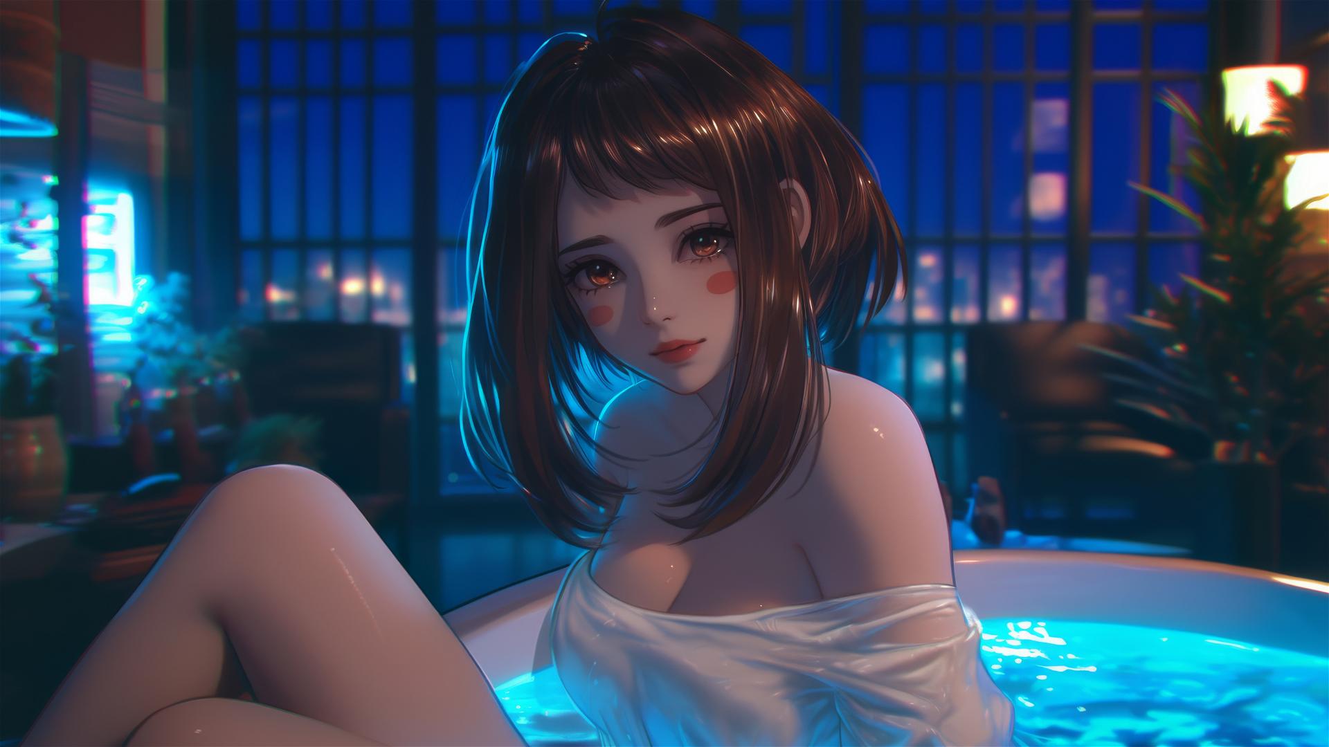 Ochaco Uraraka in a tub, warm glow, auburn hair and blush
