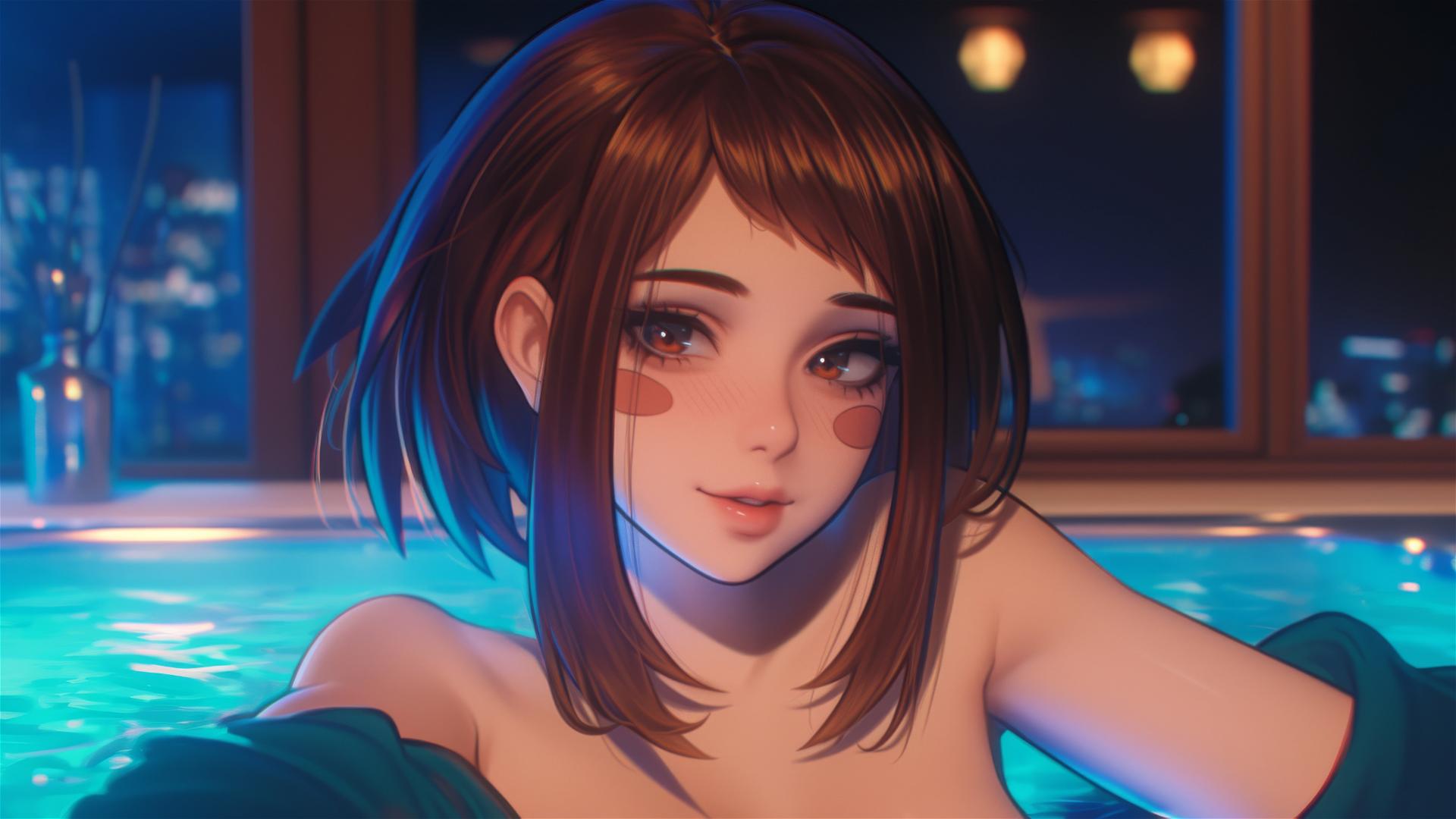 Ochaco Uraraka in tub with soft glow, auburn hair and eyes