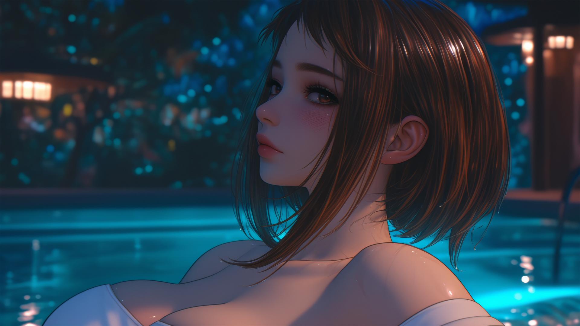 Ochaco Uraraka resting in a tub, bathed in warm light