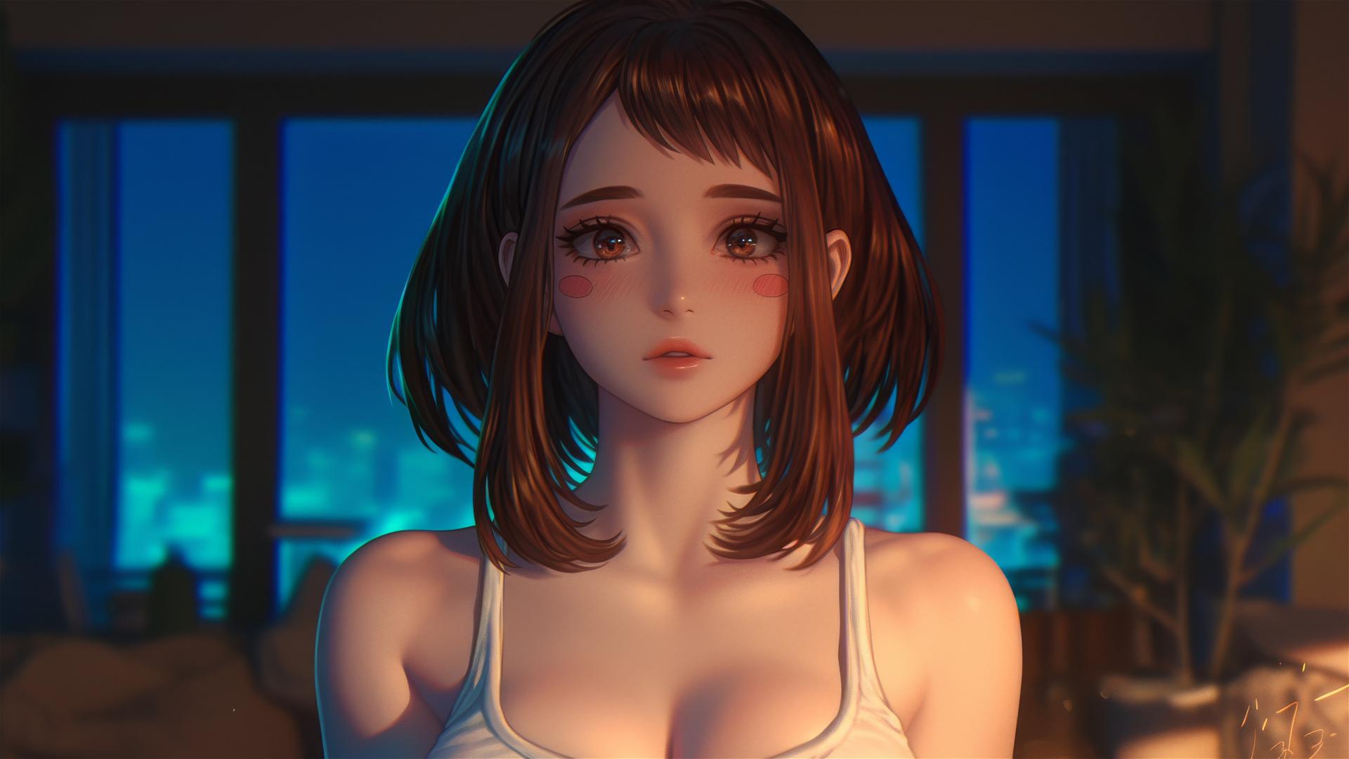 Ochaco Uraraka at sunrise in an apartment, soft glow, auburn hair and eyes, pink blush.