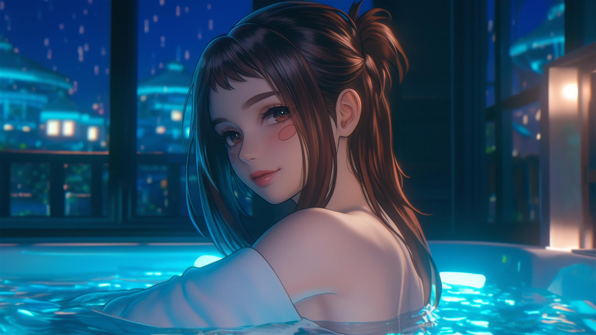Ochaco Uraraka resting in tub with warm light and auburn hair