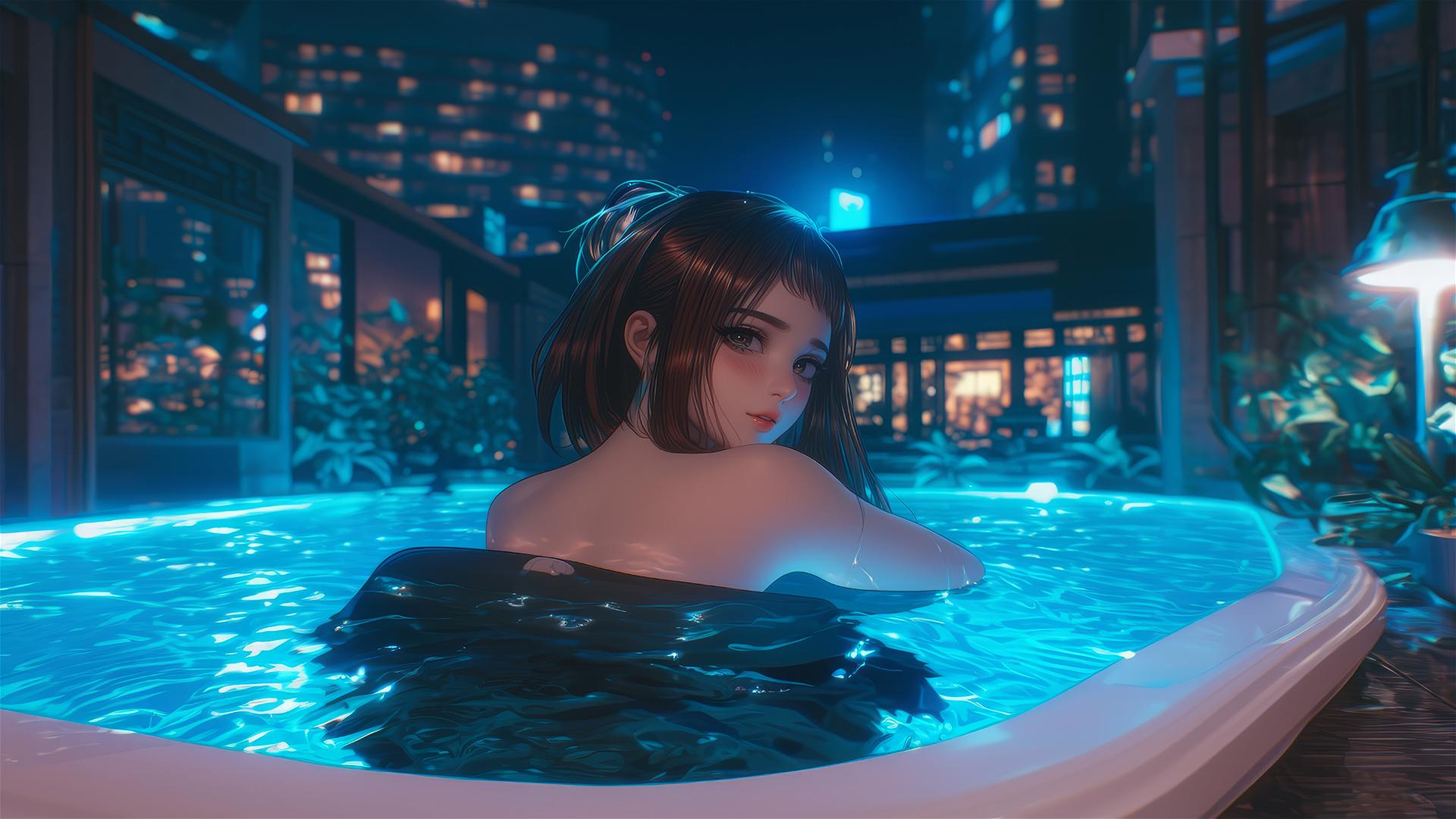 Ochaco Uraraka from My Hero Academia resting in a tub with warm light.