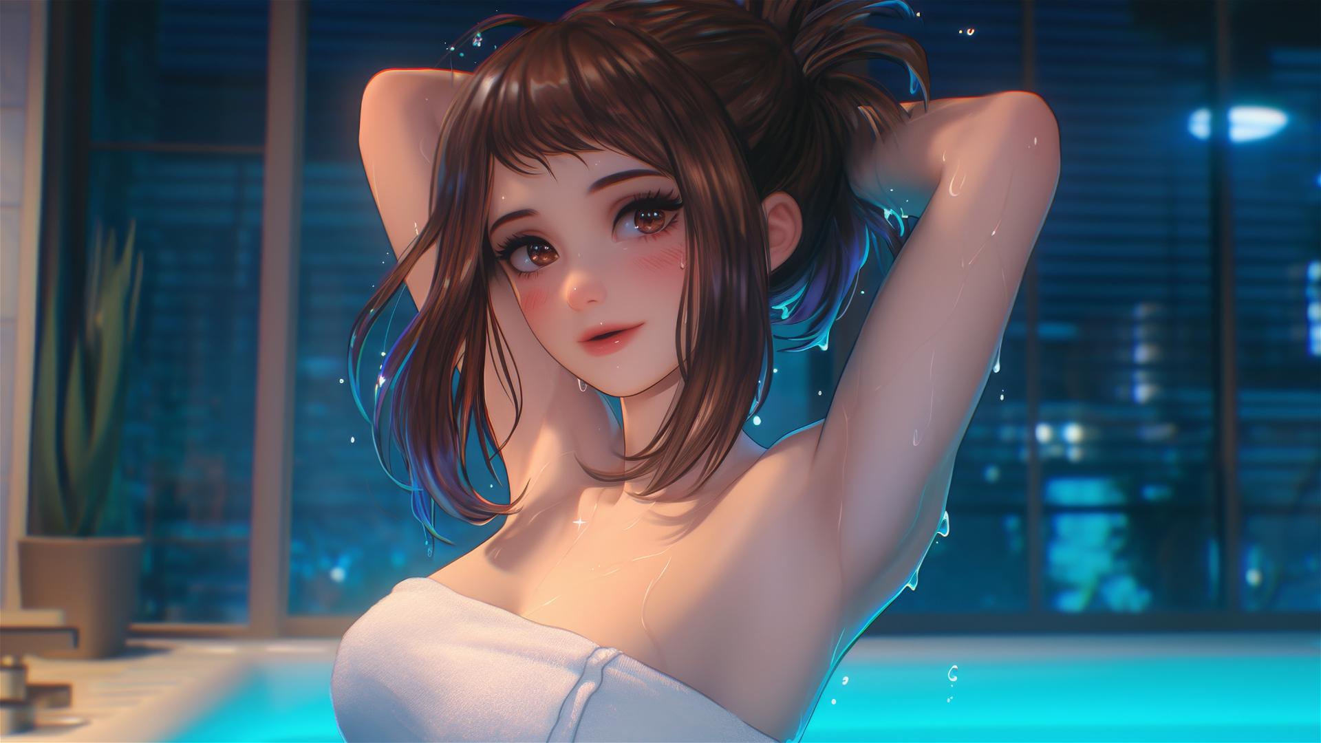 Ochaco Uraraka jumping out of a tub in her apartment, warm light casting glow.