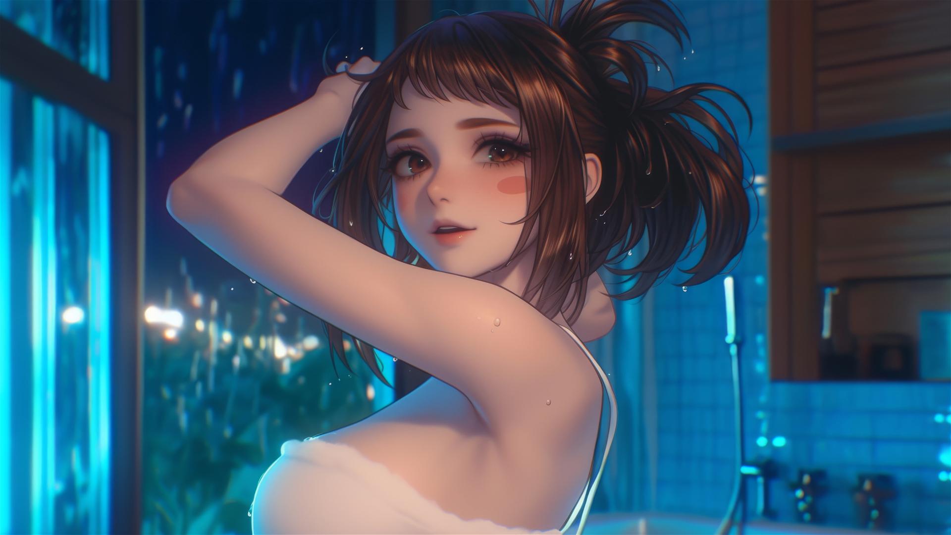 Ochaco Uraraka jumping out of a tub, warm light glow, auburn hair and eyes, blush marks
