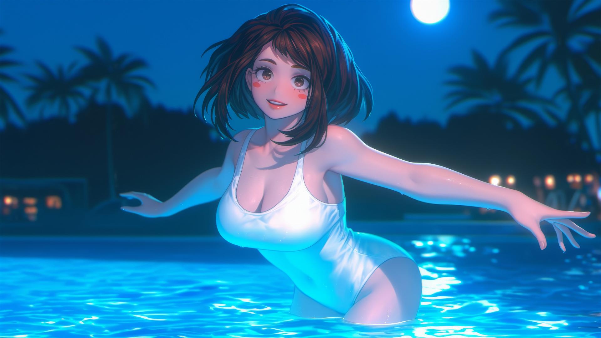 Ochaco Uraraka jumping out of a swimming pool under moonlight.