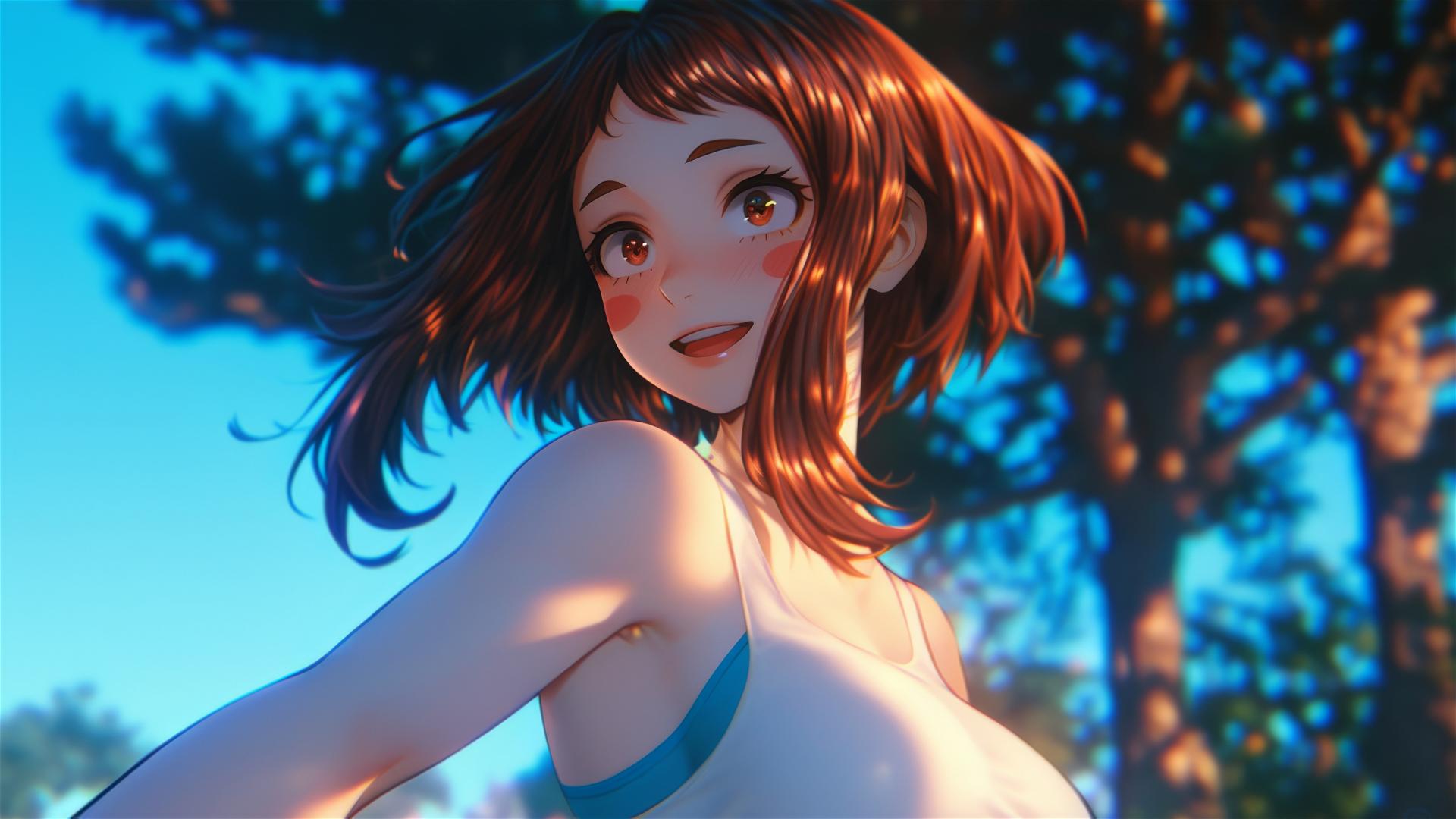 Ochaco Uraraka running in a modern park at sunrise, warm glow on her auburn hair