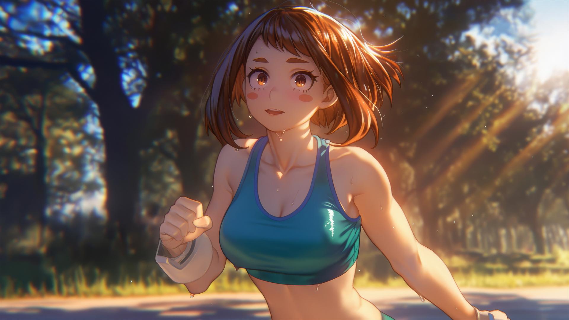 Ochaco Uraraka from My Hero Academia running in a modern park at sunrise.