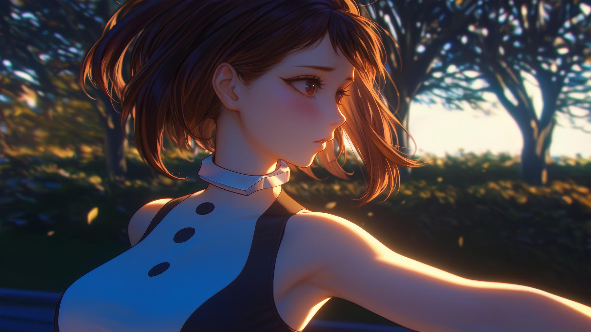 Ochaco Uraraka running in a modern park at sunrise with warm light