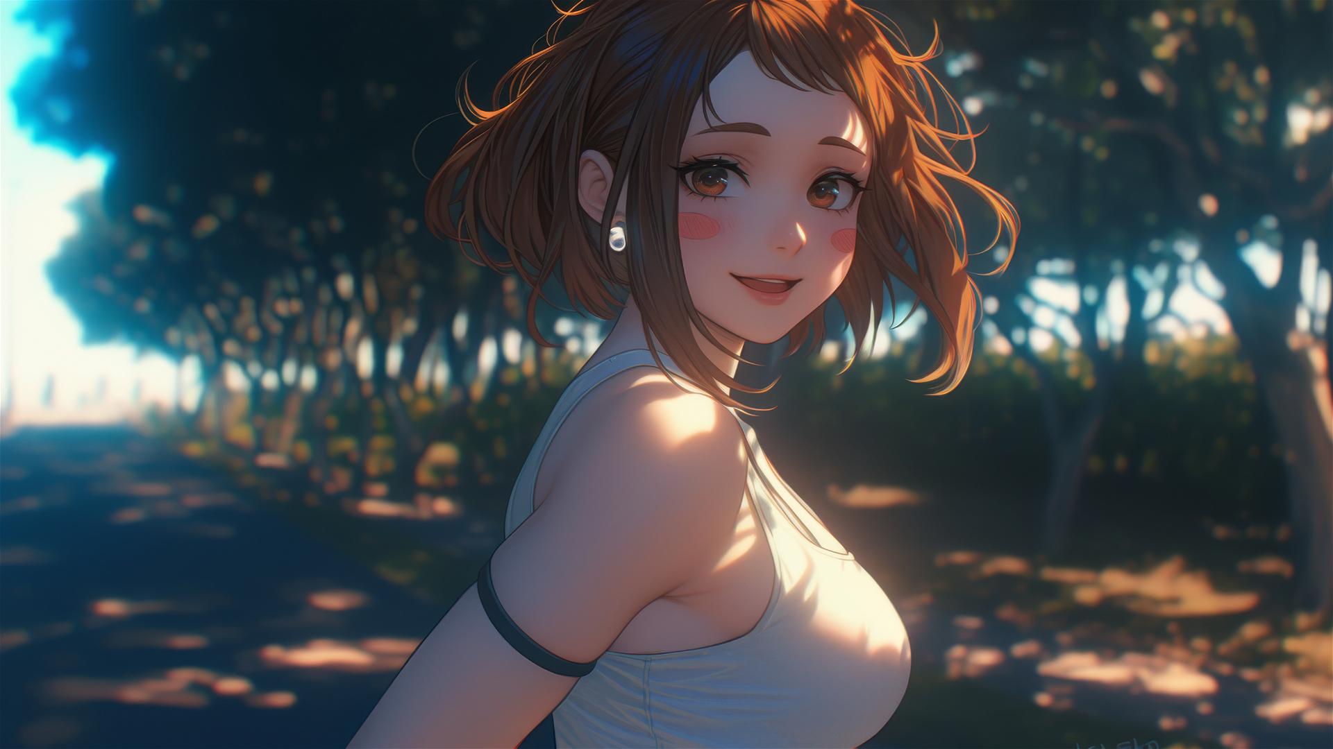 Ochaco Uraraka running in a park at sunrise with a warm glow
