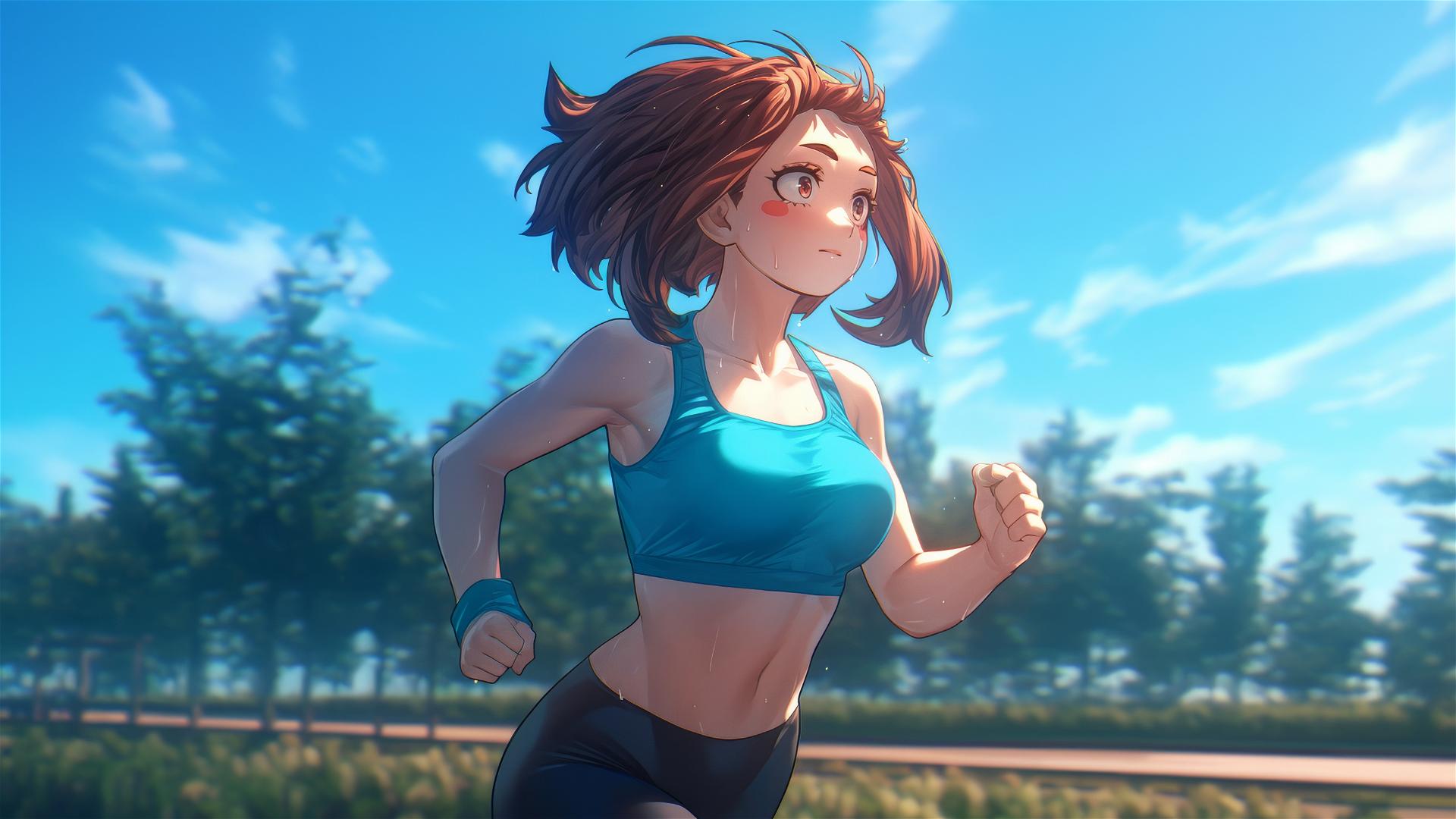Ochaco Uraraka from My Hero Academia runs in a modern park at sunrise