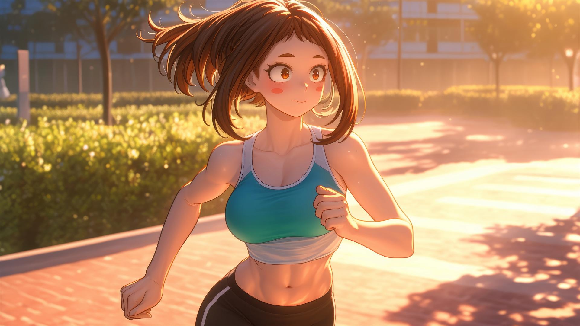 Ochaco Uraraka from My Hero Academia runs in a quiet modern park at sunrise.