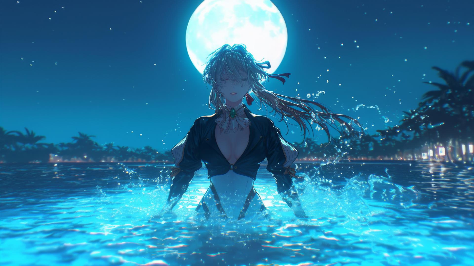 Violet Evergarden jumping out of a swimming pool under moonlight.