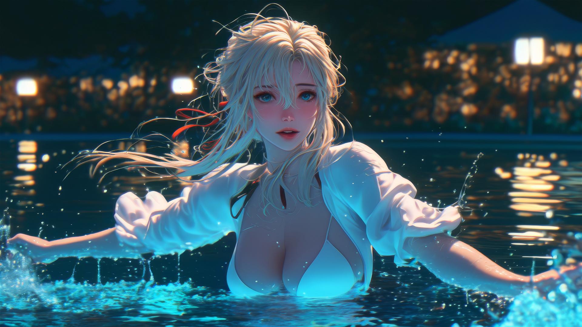 Violet Evergarden jumping out of a swimming pool under moonlight.