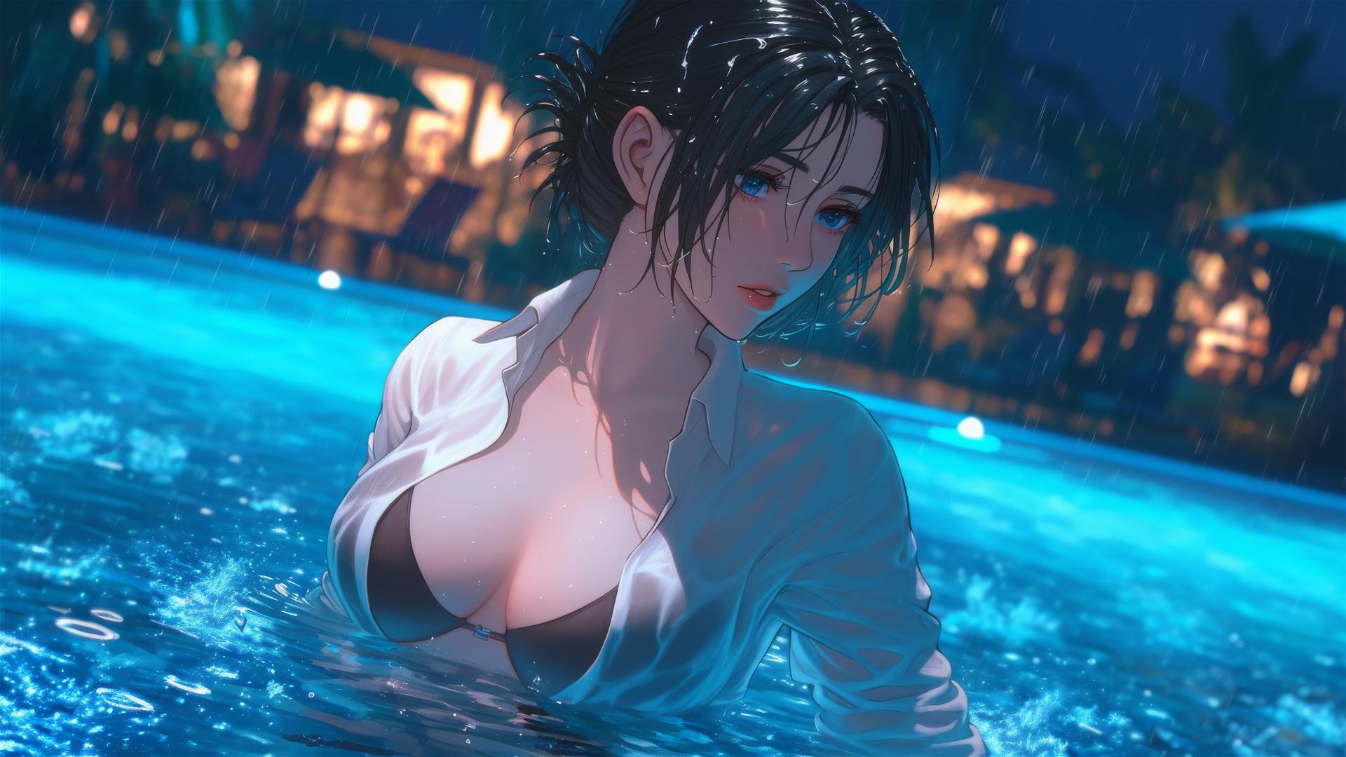 Mikasa Ackerman from Attack on Titan jumping out of a rainy swimming pool under moonlight