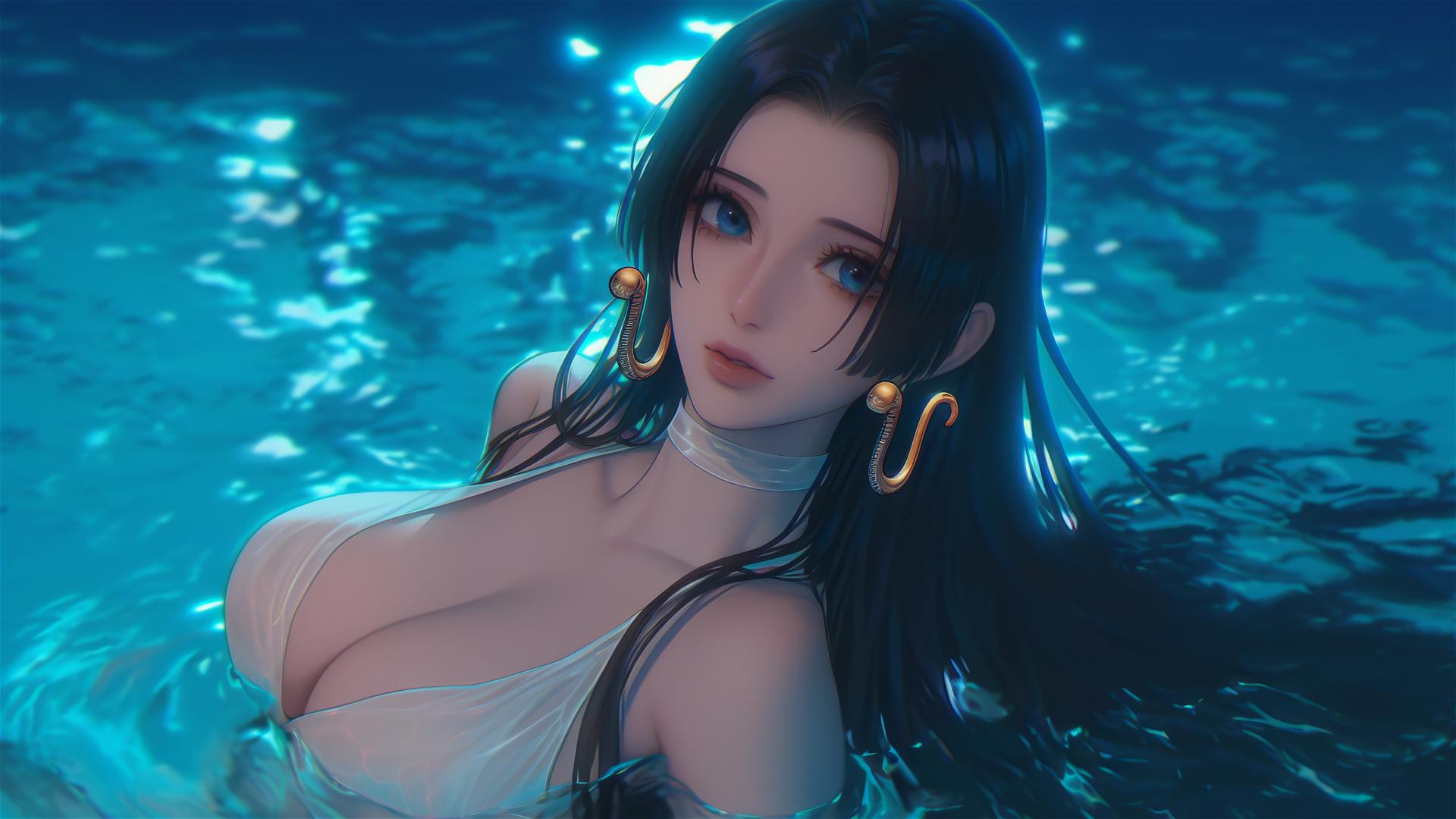 Boa Hancock from One Piece jumping out of a swimming pool, moonlight glow