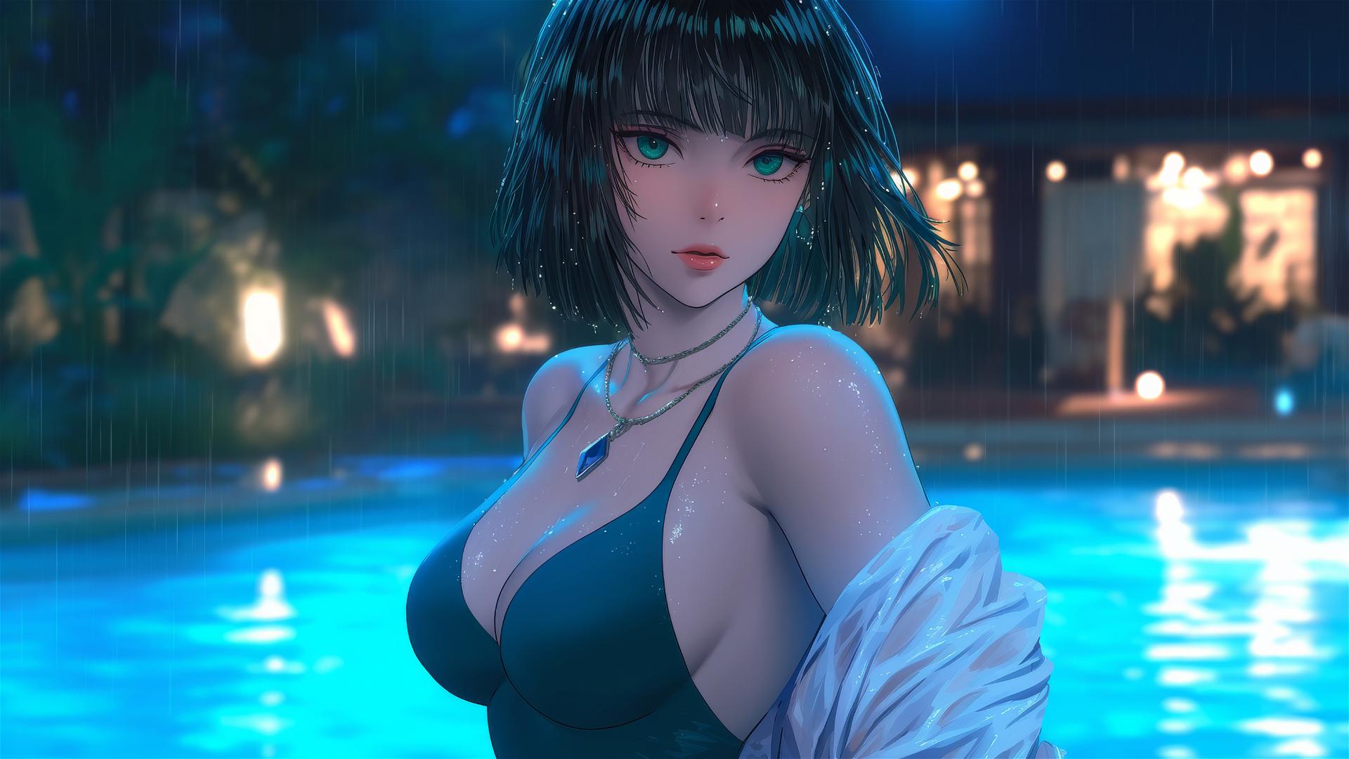 Fubuki from One Punch Man resting at a rainy pool under moonlight