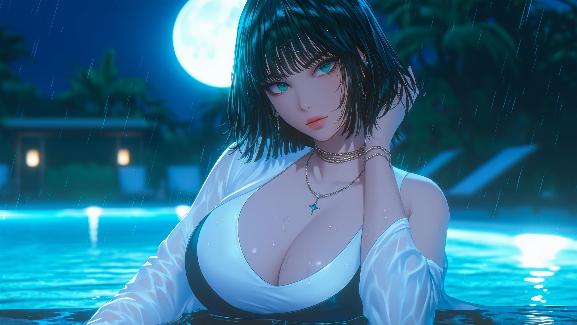 Fubuki from One Punch Man resting at a rainy swimming pool, moonlight glow