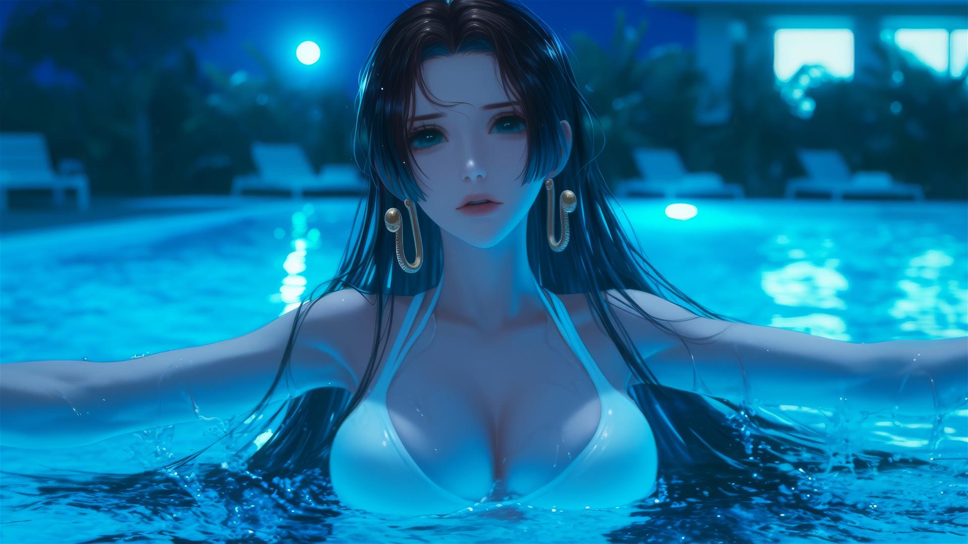 Boa Hancock leaping from a pool under moonlight