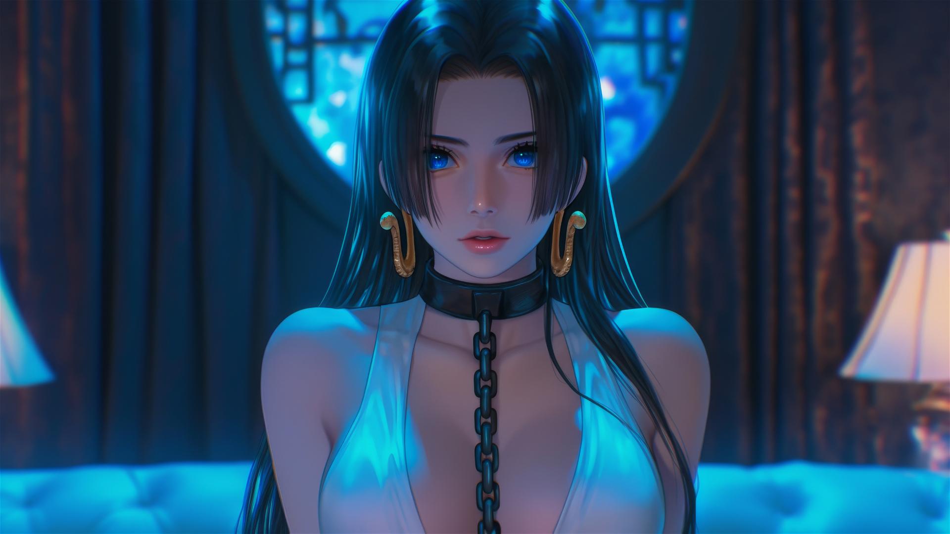 Boa Hancock from One Piece, neck locked with iron chains, in a neon-lit hotel room.