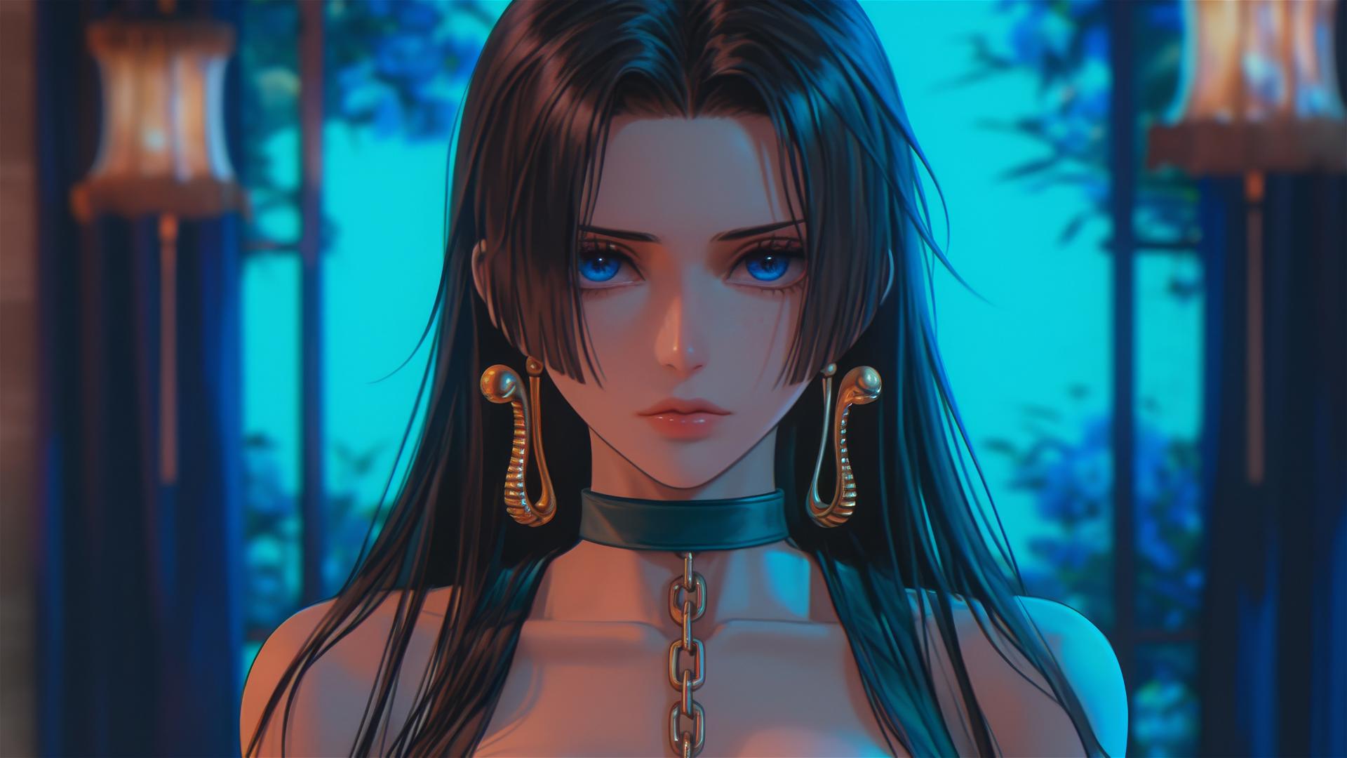 Boa Hancock from One Piece in modern hotel room with neon light, neck locked with chains