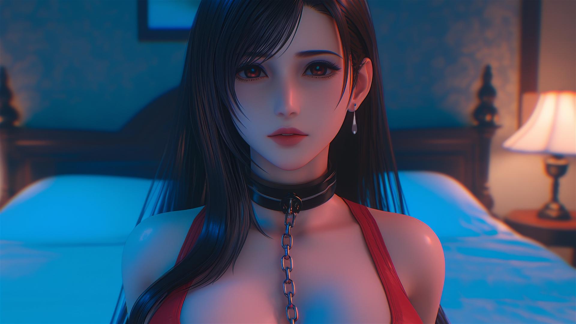 High angle of Tifa Lockhart in chains and red clothes, warm hotel light.