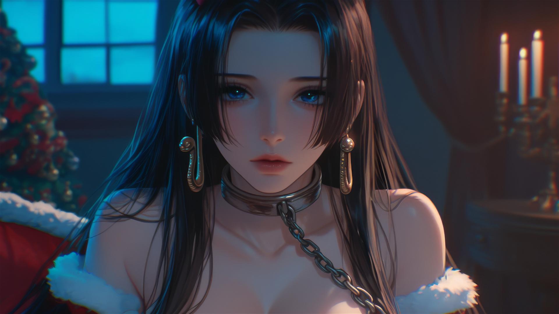Boa Hancock in Christmas attire, chained, neon pink glow