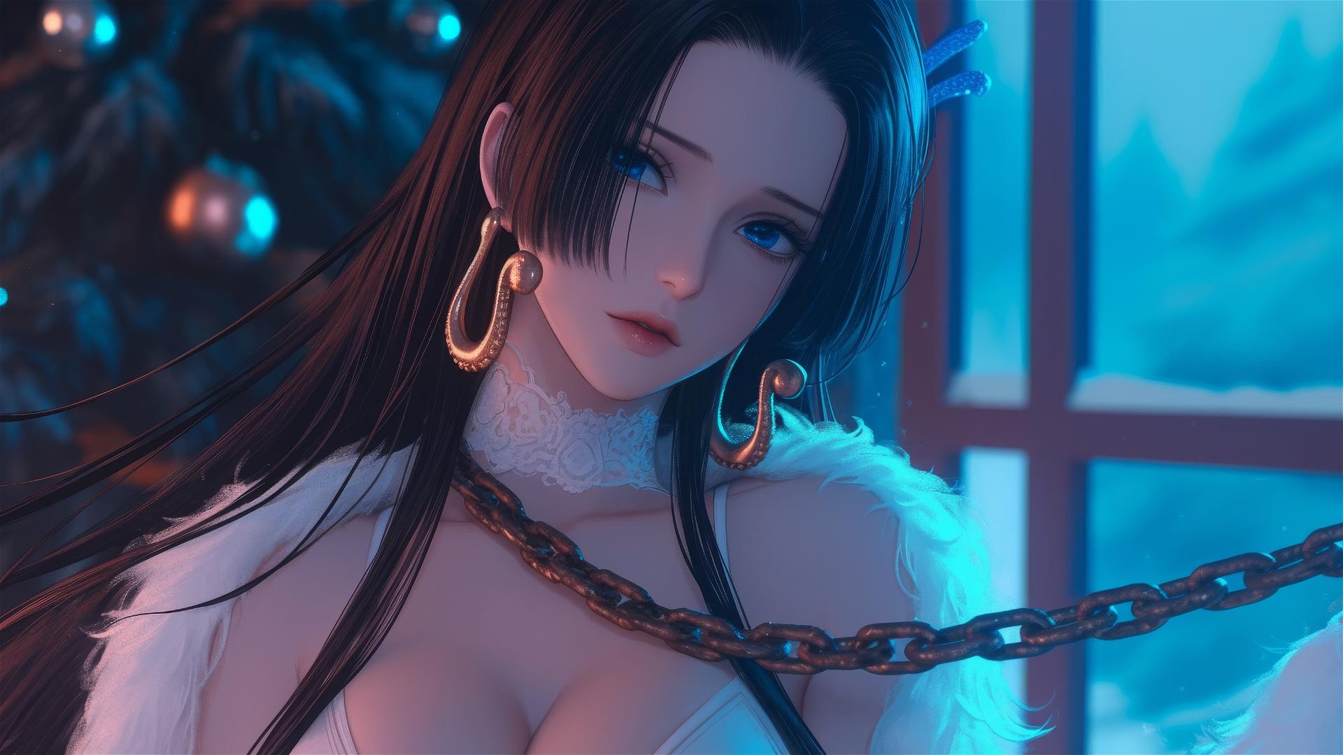Boa Hancock in a Christmas costume, chained in a neon-lit modern hotel room.