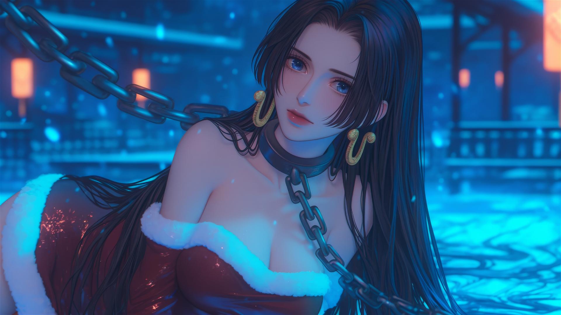 Boa Hancock in Christmas costume with chains, pink neon glow