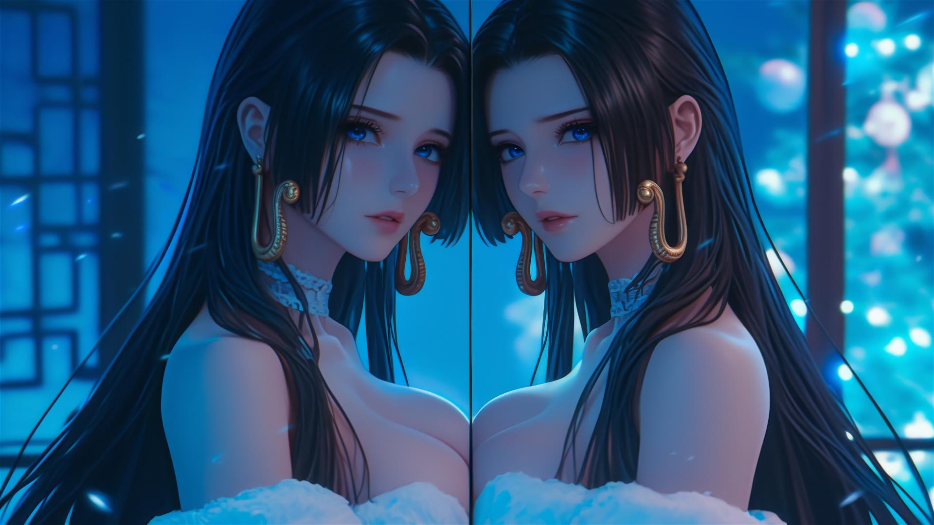 Boa Hancock in Christmas costume with chains in a neon-lit hotel room