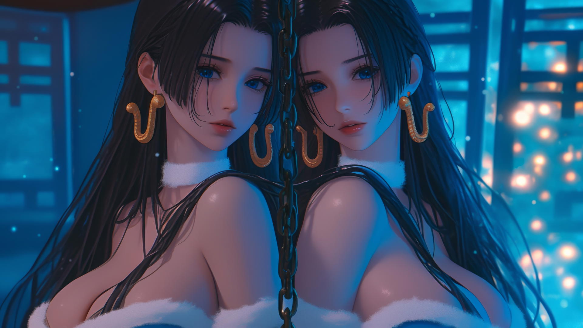 Boa Hancock in Christmas costume with iron chains in a neon-lit hotel room
