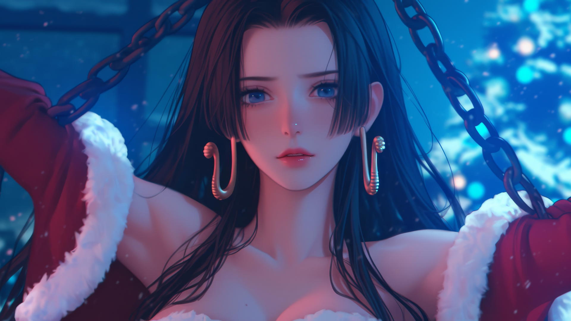 Boa Hancock in a Christmas costume, chained in a modern hotel room with neon pink lighting.